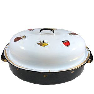 Vintage Georges Briard Enamel Roasting Pan Pineapple Strawberry Gold Accents MCM